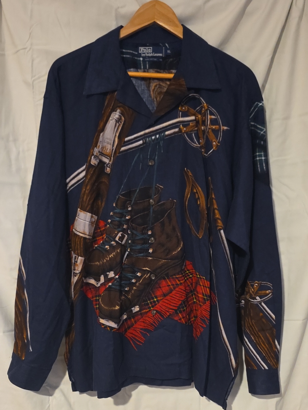 Polo by Ralph Lauren Vintage 90s Ski Boots Graphic Button-Up Shirt Black & Red